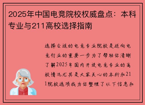 2025年中国电竞院校权威盘点：本科专业与211高校选择指南